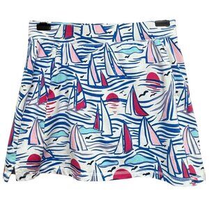 TALBOTS Skort Sailboats Skirt Medium Petite Blue White Preppy Golf Beach Pull On